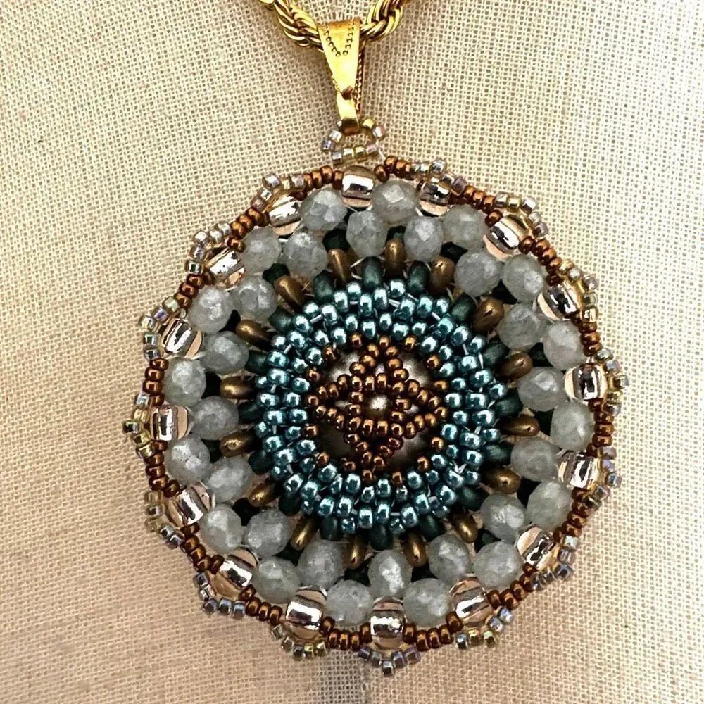 Vintage Reversible Beaded Mandala Pendant Necklace Gold Tone Rope Chain